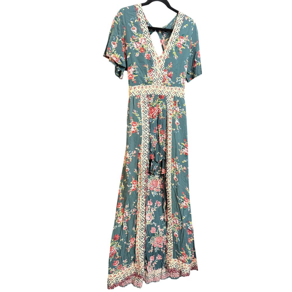 Angie Floral Maxi Romper Dress L Teal Green Boho Festival Vintage Cottagecore